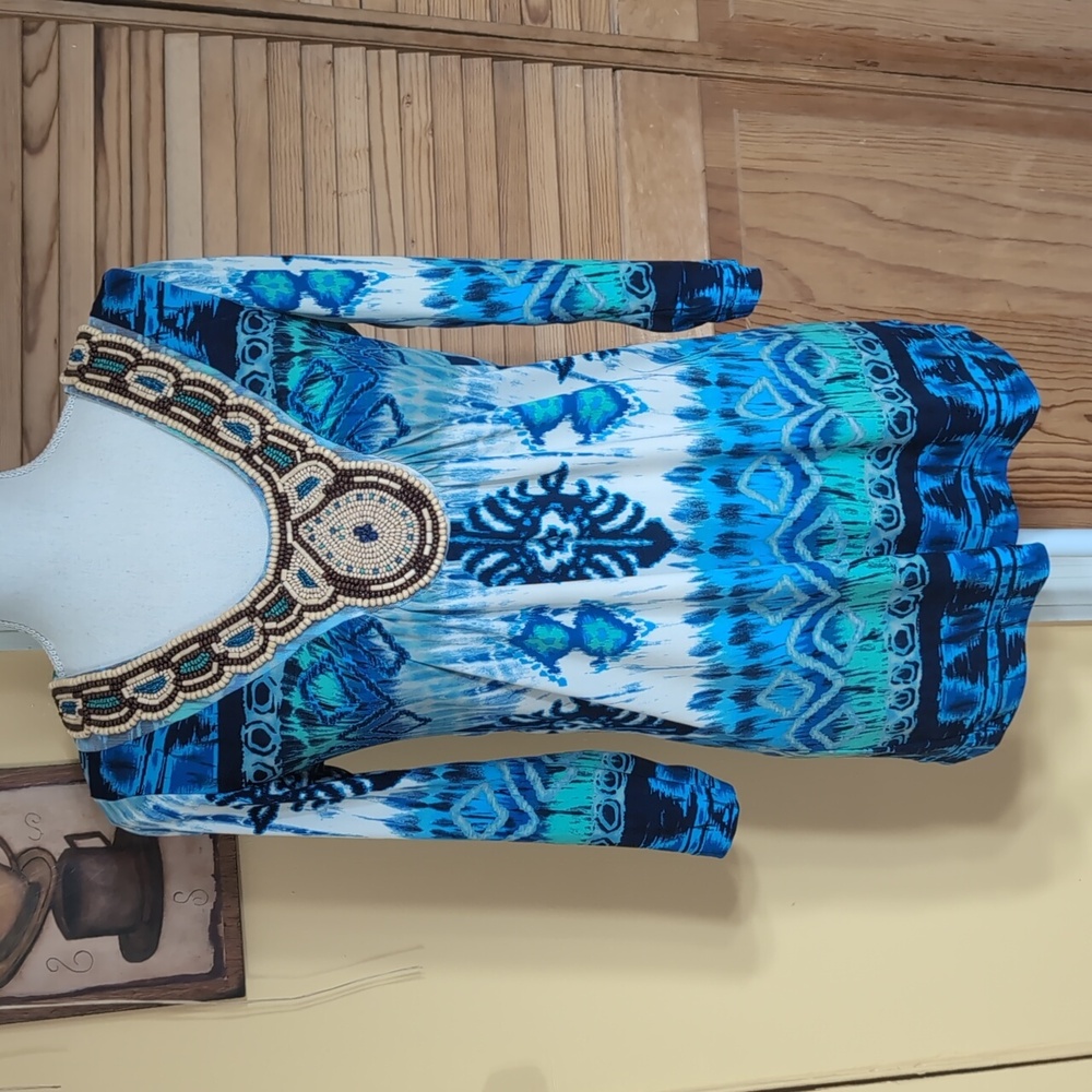 CHICO'S Vibrant Bohemian Ikat Beaded Top S 4